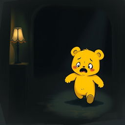 A cute, bear-like character with a fully yellow body, resembling a child, walking through a dark room with a scared expression