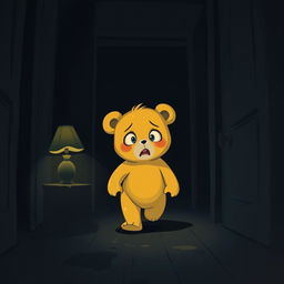 A cute, bear-like character with a fully yellow body, resembling a child, walking through a dark room with a scared expression