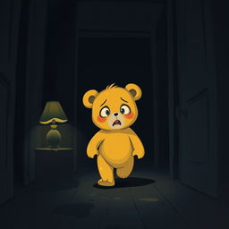 A cute, bear-like character with a fully yellow body, resembling a child, walking through a dark room with a scared expression