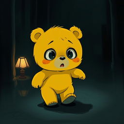 A cute, bear-like character with a fully yellow body, resembling a child, walking through a dark room with a scared expression