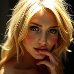 A sensual depiction of a woman with mesmerizing green eyes and striking golden blonde hair, exuding confidence and allure