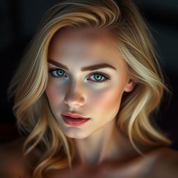 A sensual depiction of a woman with mesmerizing green eyes and striking golden blonde hair, exuding confidence and allure