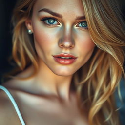 A sensual depiction of a woman with mesmerizing green eyes and striking golden blonde hair, exuding confidence and allure