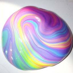 A vibrant, colorful slime, with its viscous and semi-transparent texture glistening under a soft light