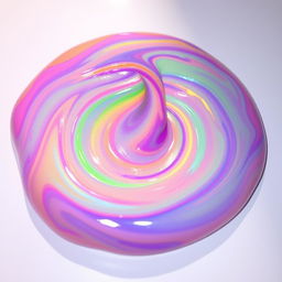 A vibrant, colorful slime, with its viscous and semi-transparent texture glistening under a soft light