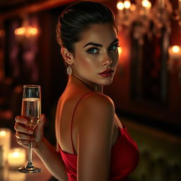 A captivating and alluring woman with striking features, wearing an elegant, form-fitting red dress that accentuates her silhouette