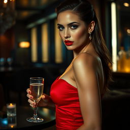 A captivating and alluring woman with striking features, wearing an elegant, form-fitting red dress that accentuates her silhouette