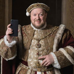 King Henry VIII in his richly adorned attire holding an anachronistic smartphone, smirking and taking a selfie