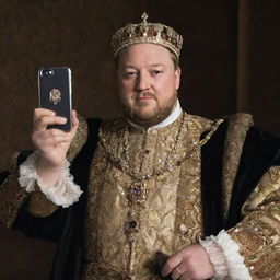 King Henry VIII in his richly adorned attire holding an anachronistic smartphone, smirking and taking a selfie