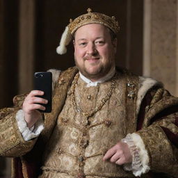 King Henry VIII in his richly adorned attire holding an anachronistic smartphone, smirking and taking a selfie