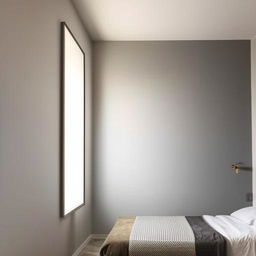 Create an image of a 20 feet by 15 feet room with a height of 10 feet. On the 20 feet wall, feature a large bed with side tables occupying the right 10 feet, with a large window in the remaining space. The window begins 1 foot from the floor and ends 8 feet up.