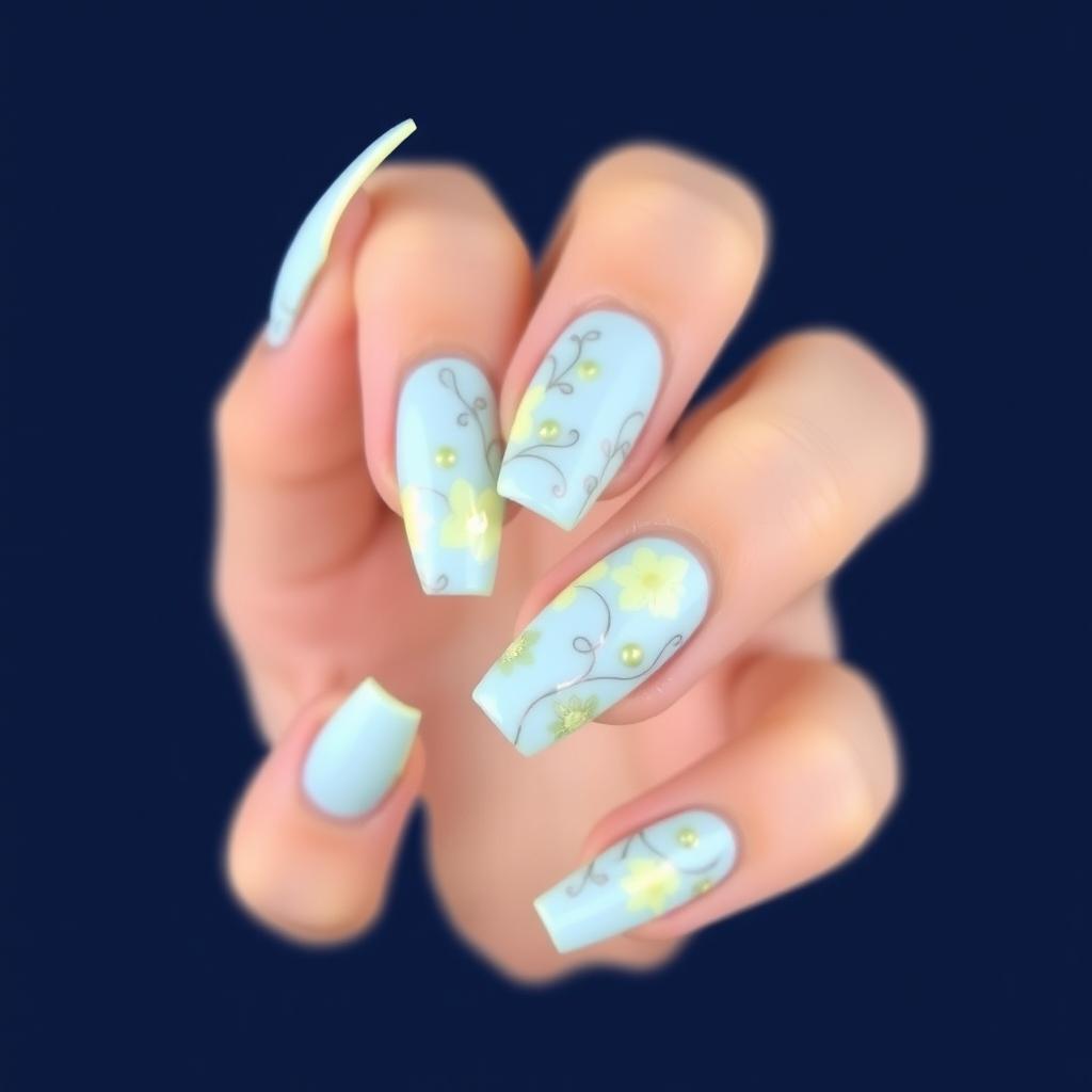 Short nails with a light blue and yellow color scheme, featuring an elegant and beautiful design