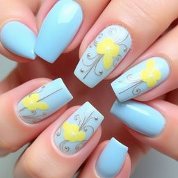 Short nails with a light blue and yellow color scheme, featuring an elegant and beautiful design