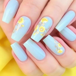 Short nails with a light blue and yellow color scheme, featuring an elegant and beautiful design