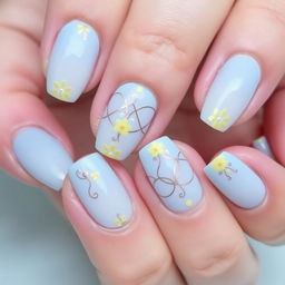 Short nails with a light blue and yellow color scheme, featuring an elegant and beautiful design