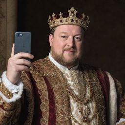 King Henry VIII in his richly adorned attire holding an anachronistic smartphone, smirking and taking a selfie