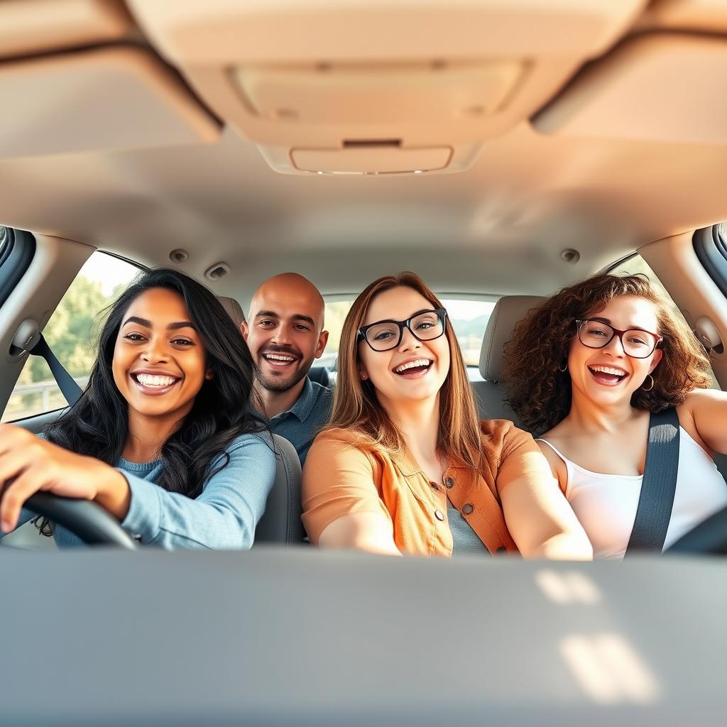 A lively car journey in a white car with four happy friends on board