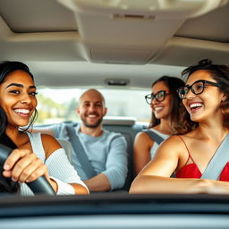 A lively car journey in a white car with four happy friends on board