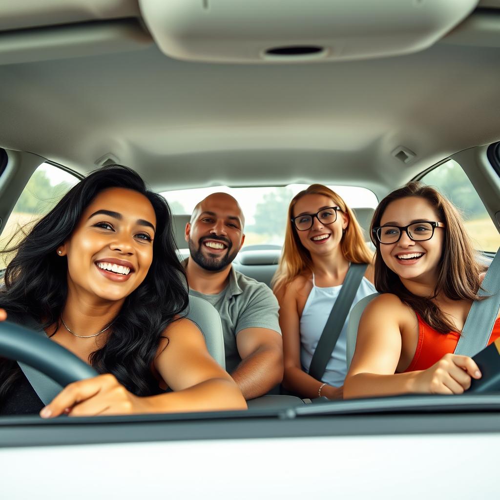 A lively car journey in a white car with four happy friends on board