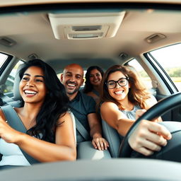 A lively car journey in a white car with four happy friends on board