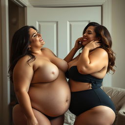 Two adult women with voluptuous figures, playfully engaged with each other, capturing their mutual affection in a tasteful and artistic manner