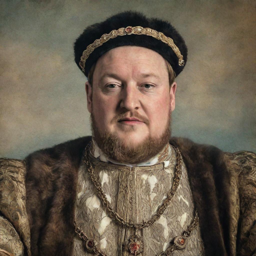 Rework the previously generated image into an old, aging portrait style: King Henry VIII taking a selfie, with faded colors and vintage texture