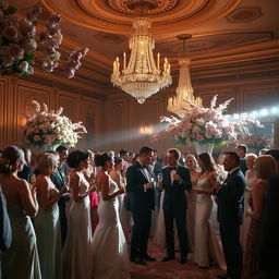 A lavish high society gathering set in a grand, opulent ballroom during springtime