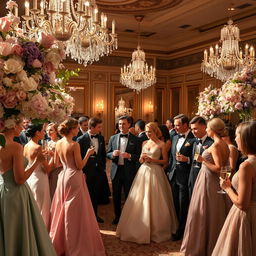 A lavish high society gathering set in a grand, opulent ballroom during springtime