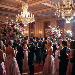 A lavish high society gathering set in a grand, opulent ballroom during springtime