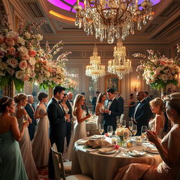 A lavish high society gathering set in a grand, opulent ballroom during springtime