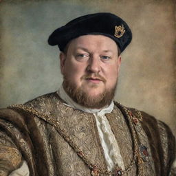 Rework the previously generated image into an old, aging portrait style: King Henry VIII taking a selfie, with faded colors and vintage texture