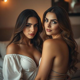 Two adult women, beautifully posed in an intimate setting that emphasizes their sensuality and connection