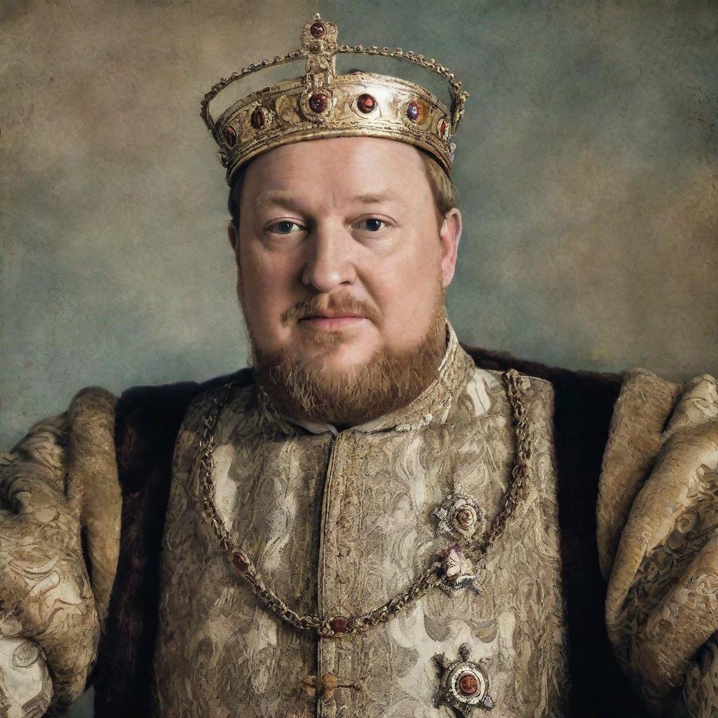 Rework the previously generated image into an old, aging portrait style: King Henry VIII taking a selfie, with faded colors and vintage texture