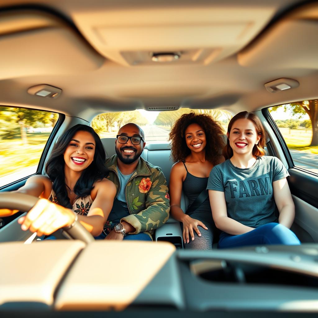 A lively car journey in a white car with four happy friends onboard, driving through a beautiful, tree-lined, empty road on a sunny and cheerful day