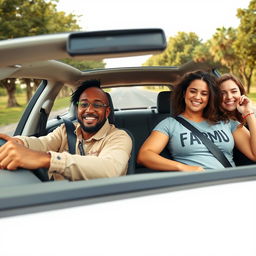 A lively car journey in a white car with four happy friends onboard, driving through a beautiful, tree-lined, empty road on a sunny and cheerful day