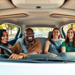 A lively car journey in a white car with four happy friends onboard, driving through a beautiful, tree-lined, empty road on a sunny and cheerful day