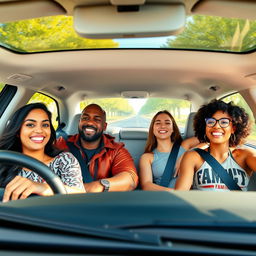 A lively car journey in a white car with four happy friends onboard, driving through a beautiful, tree-lined, empty road on a sunny and cheerful day