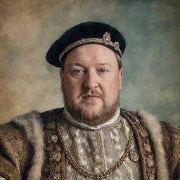 Rework the previously generated image into an old, aging portrait style: King Henry VIII taking a selfie, with faded colors and vintage texture