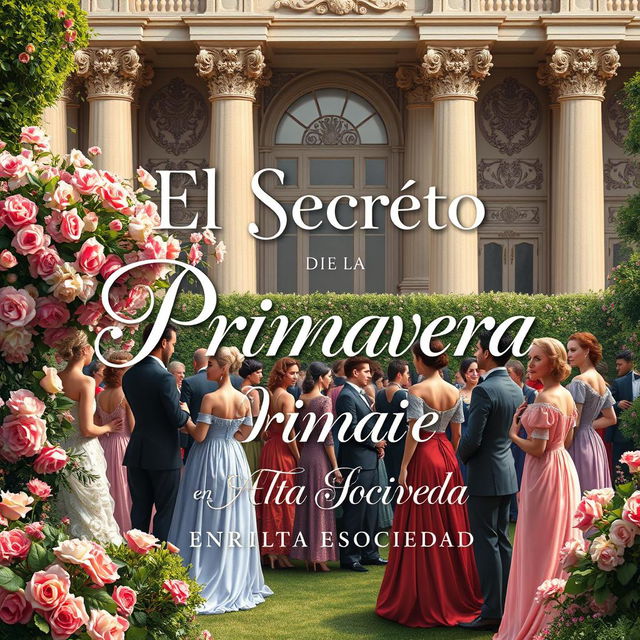 A captivating book cover design for "El Secreto de la Primavera en la Alta Sociedad," featuring a luxurious spring garden party scene