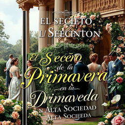 A captivating book cover design for "El Secreto de la Primavera en la Alta Sociedad," featuring a luxurious spring garden party scene