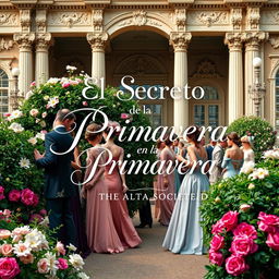 A captivating book cover design for "El Secreto de la Primavera en la Alta Sociedad," featuring a luxurious spring garden party scene