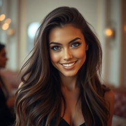 A captivating portrait of an attractive young woman with long, flowing brunette hair and mesmerizing eyes, resembling the style and energy of Madison Beer