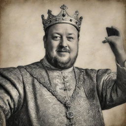 Vintage style drawing of King Henry VIII taking a selfie; monochrome tones depicting old age, slight fading, and antique textures