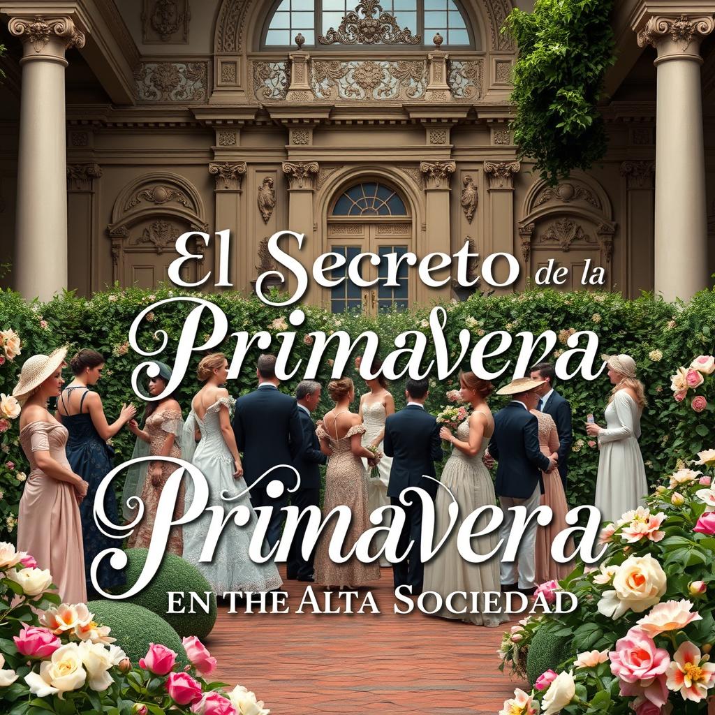 A captivating book cover design for "El Secreto de la Primavera en la Alta Sociedad," featuring a luxurious spring garden party scene