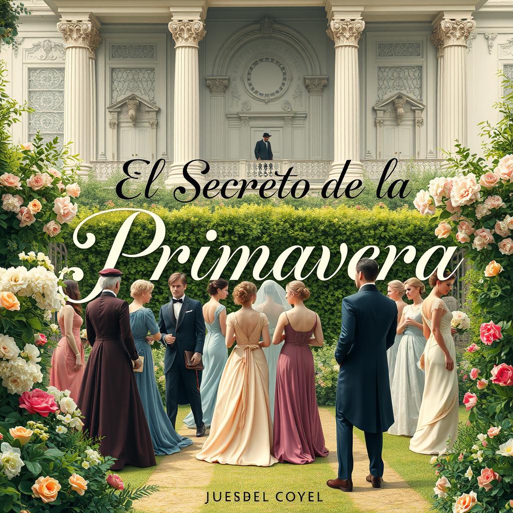 A captivating book cover design for "El Secreto de la Primavera en la Alta Sociedad," featuring a luxurious spring garden party scene