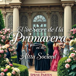 A captivating book cover design for "El Secreto de la Primavera en la Alta Sociedad," featuring a luxurious spring garden party scene