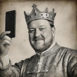 Vintage style drawing of King Henry VIII taking a selfie; monochrome tones depicting old age, slight fading, and antique textures