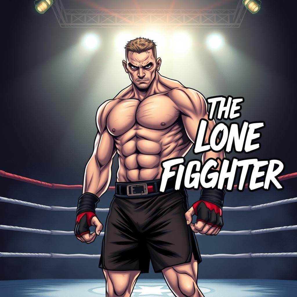 A powerful MMA fighter standing alone in an octagon ring, illustrated in a dynamic manga style