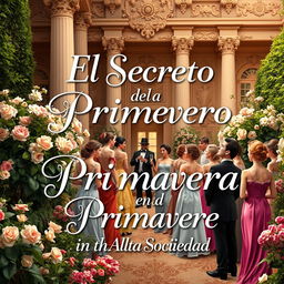 A captivating book cover design for "El Secreto de la Primavera en la Alta Sociedad," featuring a luxurious spring garden party scene