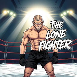 A powerful MMA fighter standing alone in an octagon ring, illustrated in a dynamic manga style